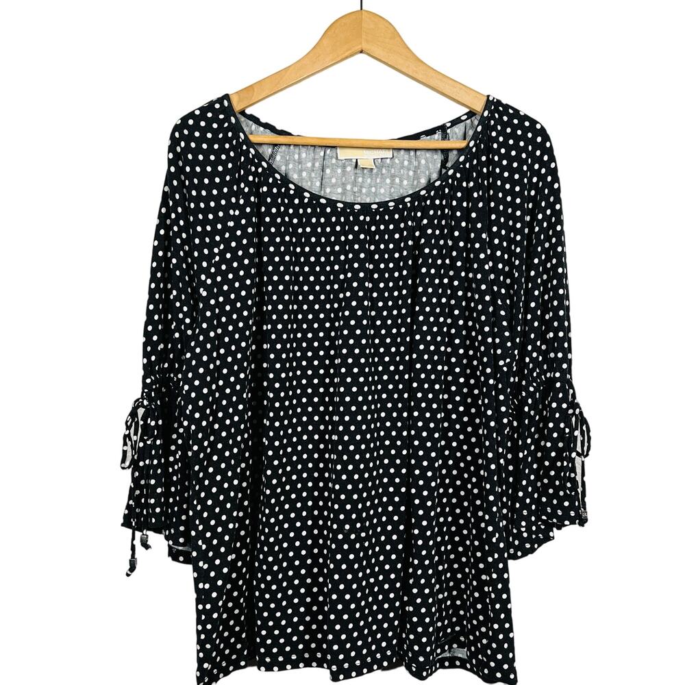 Michael Kors Polka Dot Bell Sleeve Tunic Top Scoop Neck Blouse Black White - 1X